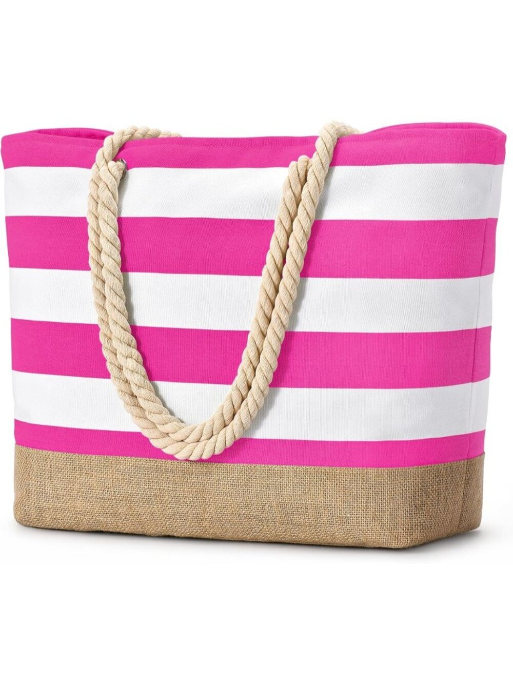 Women's Pink Large Canvas Jute Beach Tote Bag Sandproof Swim Pool Bag Zipper